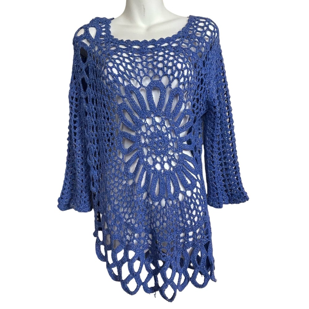 Boston Proper Crochet Open Knit Daring Sweater Blue Silver Metallic Size M